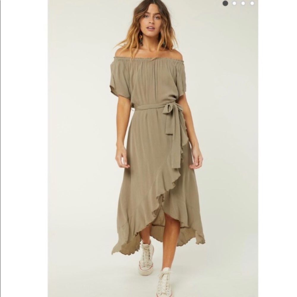 o’neill off the shoulder olive green maxi dress